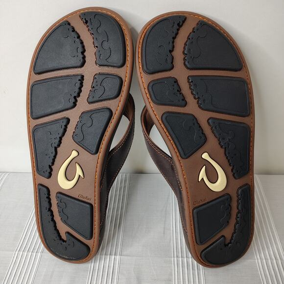 OluKai Leather Thong Flip Flop Sandals Men's Size 12 Brown - Picture 6 of 8